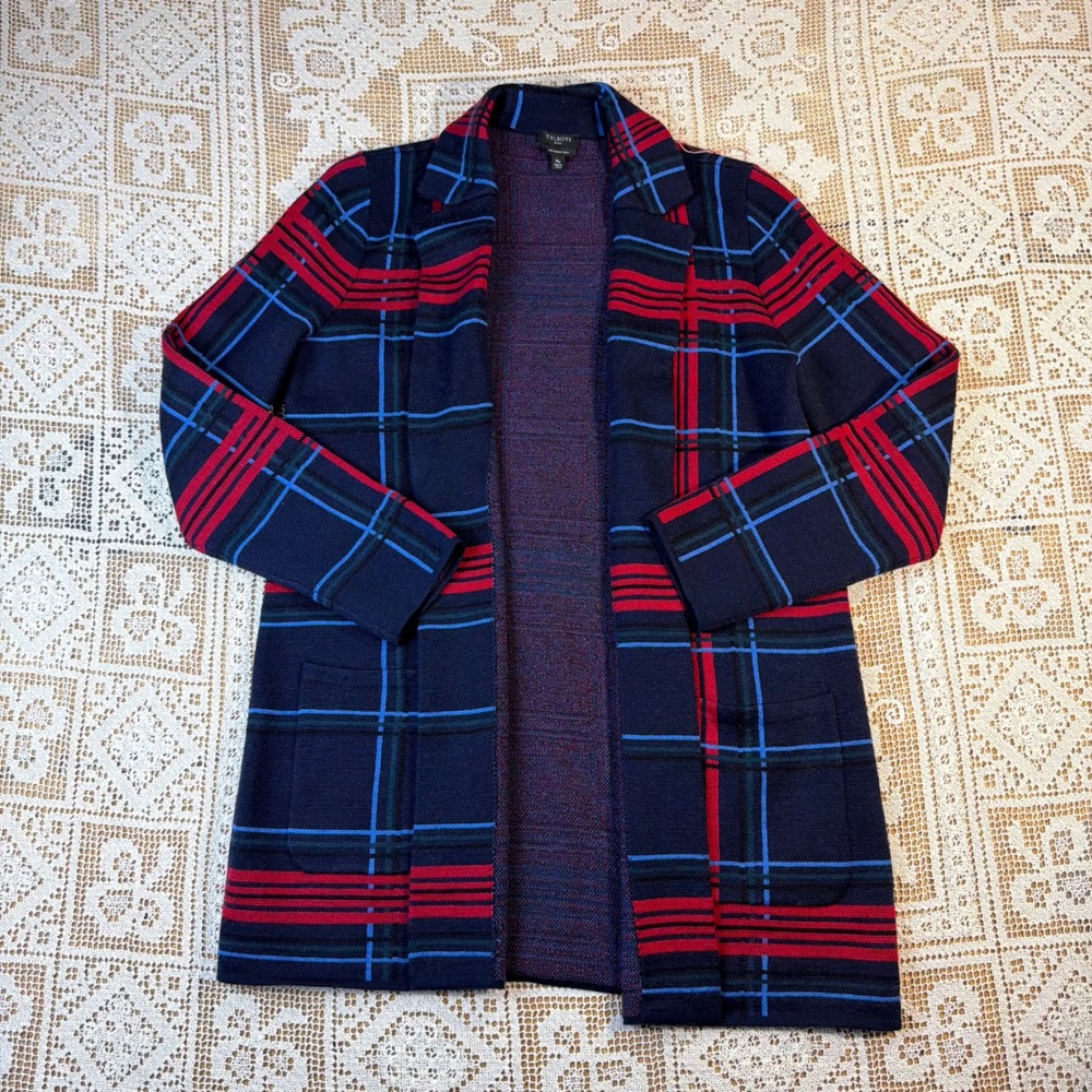 Talbots Petite Pure Merino Wool Plaid Open Front Cardigan Sweater Navy Red Mp